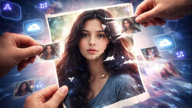 Illustration of a personal photo being fragmented into data by AI algorithms.