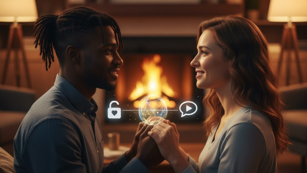 A couple holding hands in front of a fireplace, with glowing icons representing connection and consent.