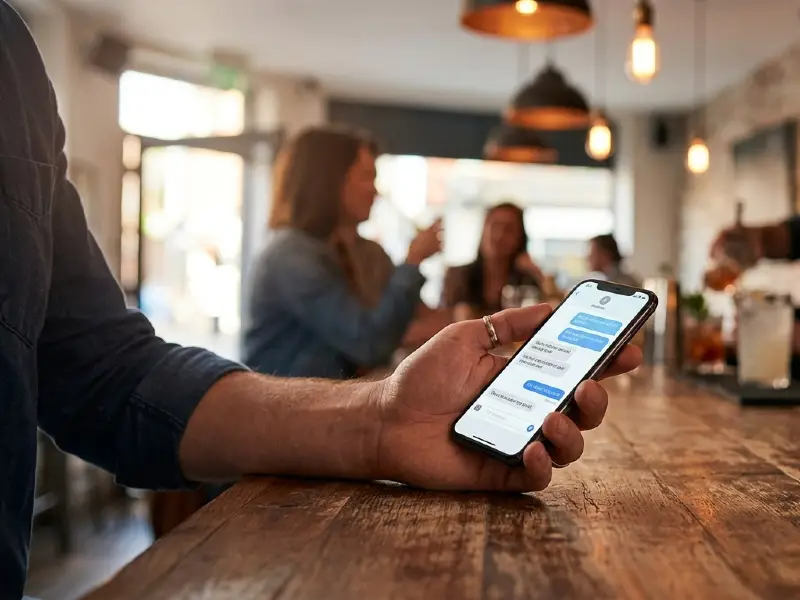 Man holds phone in bar, using a text bot