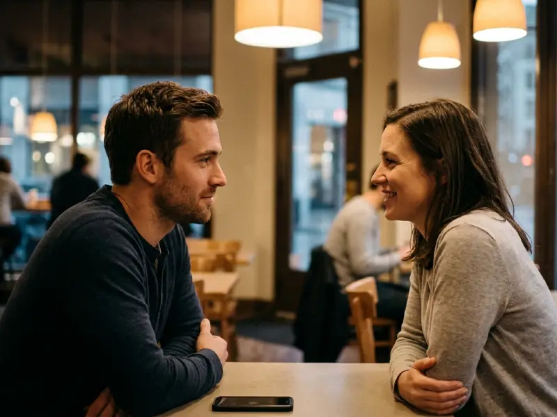 Two people in a café holding intense, direct eye contact, symbolizing mutual desire.