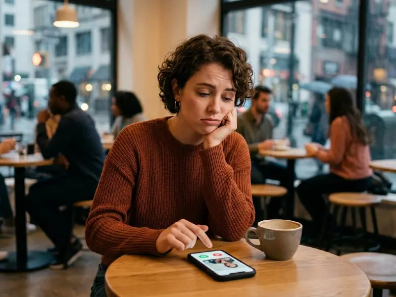 Exasperated woman swiping on a dating app in a cafe.