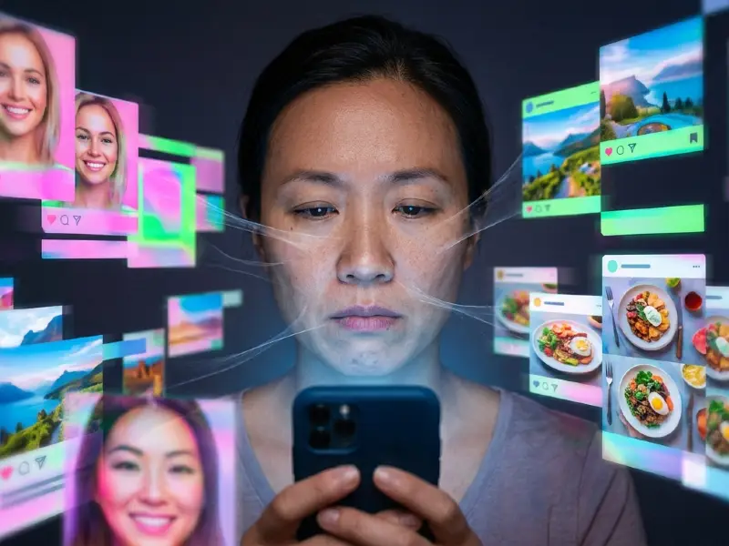 Digital screens showing identical, overly-perfect social media posts.