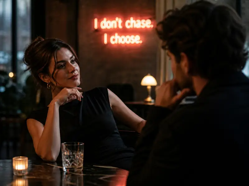 Confident woman leading conversation in a dimly lit date setting