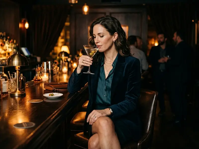 A woman in a blue suit sips a martini at a dimly lit bar with others nearby.
