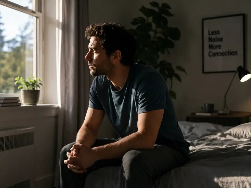 Man reflecting quietly in bedroom after emotional burnout