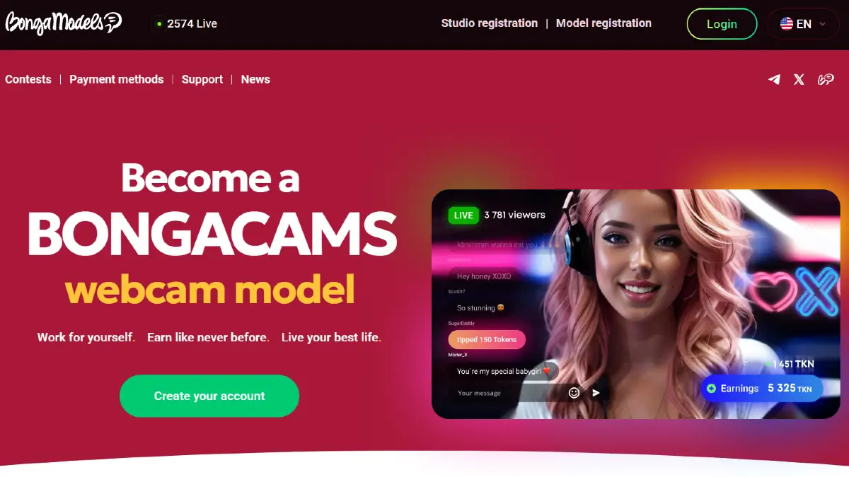 BongaCams model registration page highlighting performer support, payouts, contests, and mobile streaming