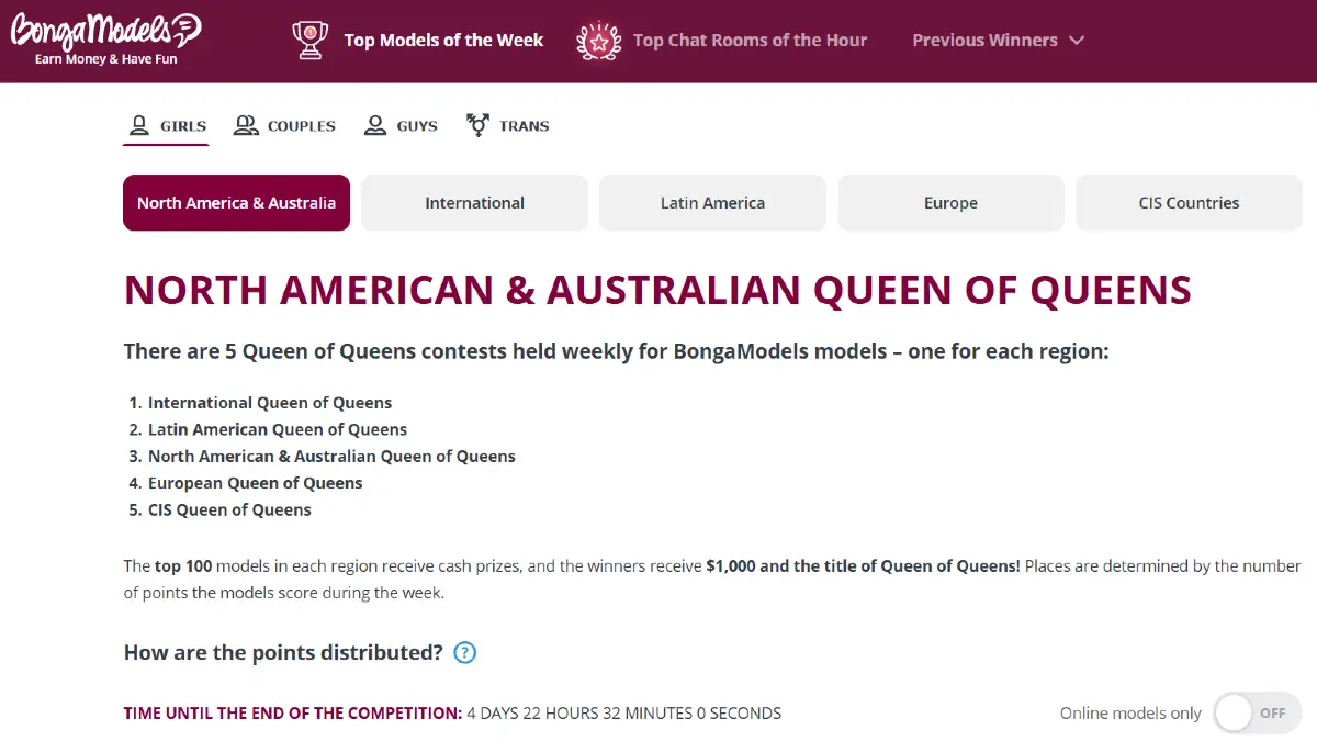 BongaModels weekly contests page showing Queen of Queens regions, top models of the week, and chat room contest navigation