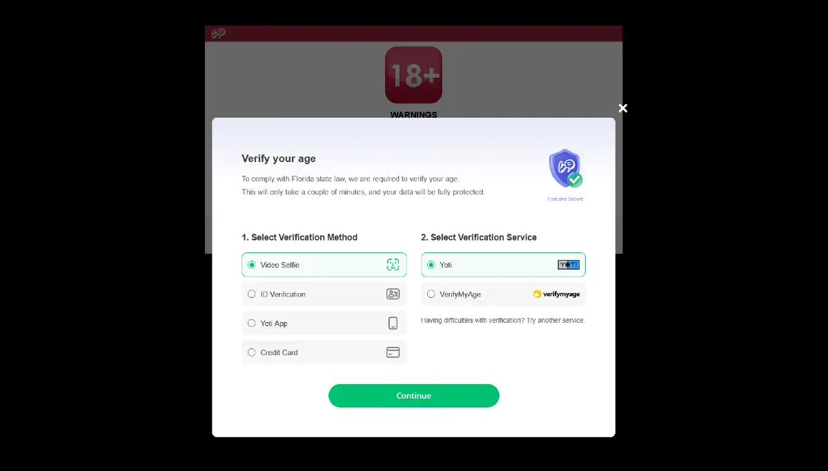 BongaCams age verification screen