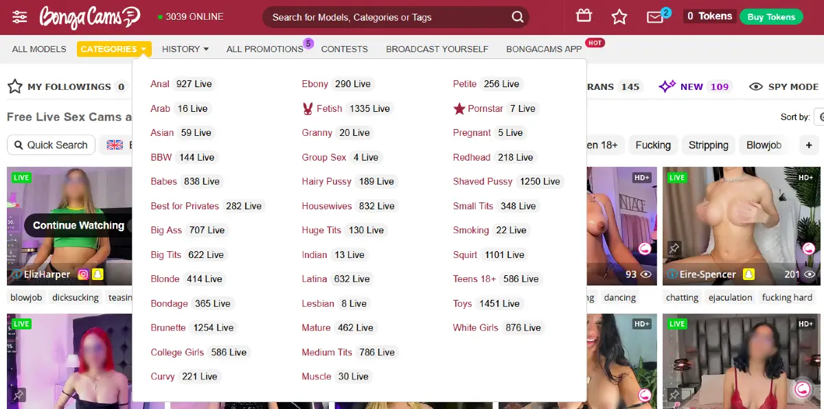 BongaCams categories menu with live room counts