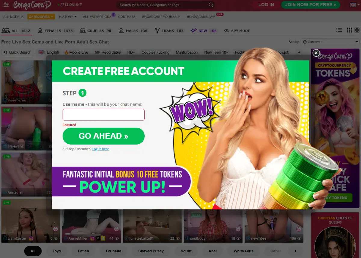 BongaCams free account registration popup