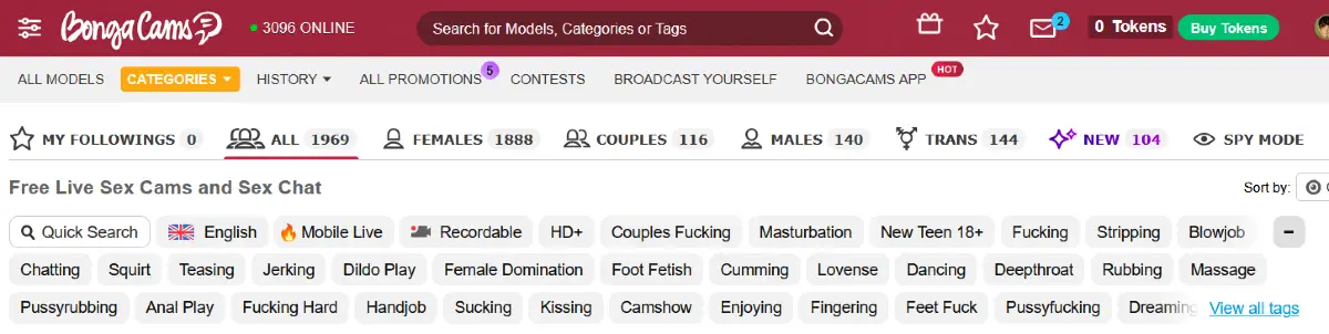 BongaCams browsing tags and homepage filters