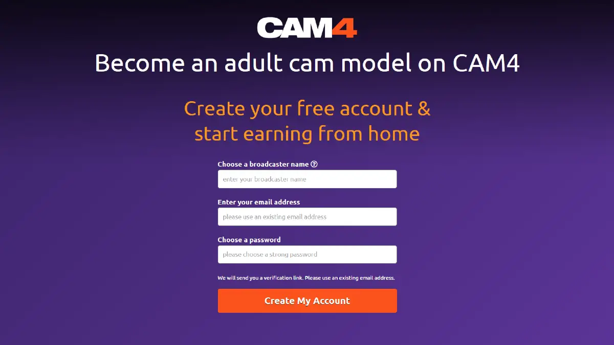 Cam4 model registration form for choosing a broadcaster name, entering an email address, and creating a password
