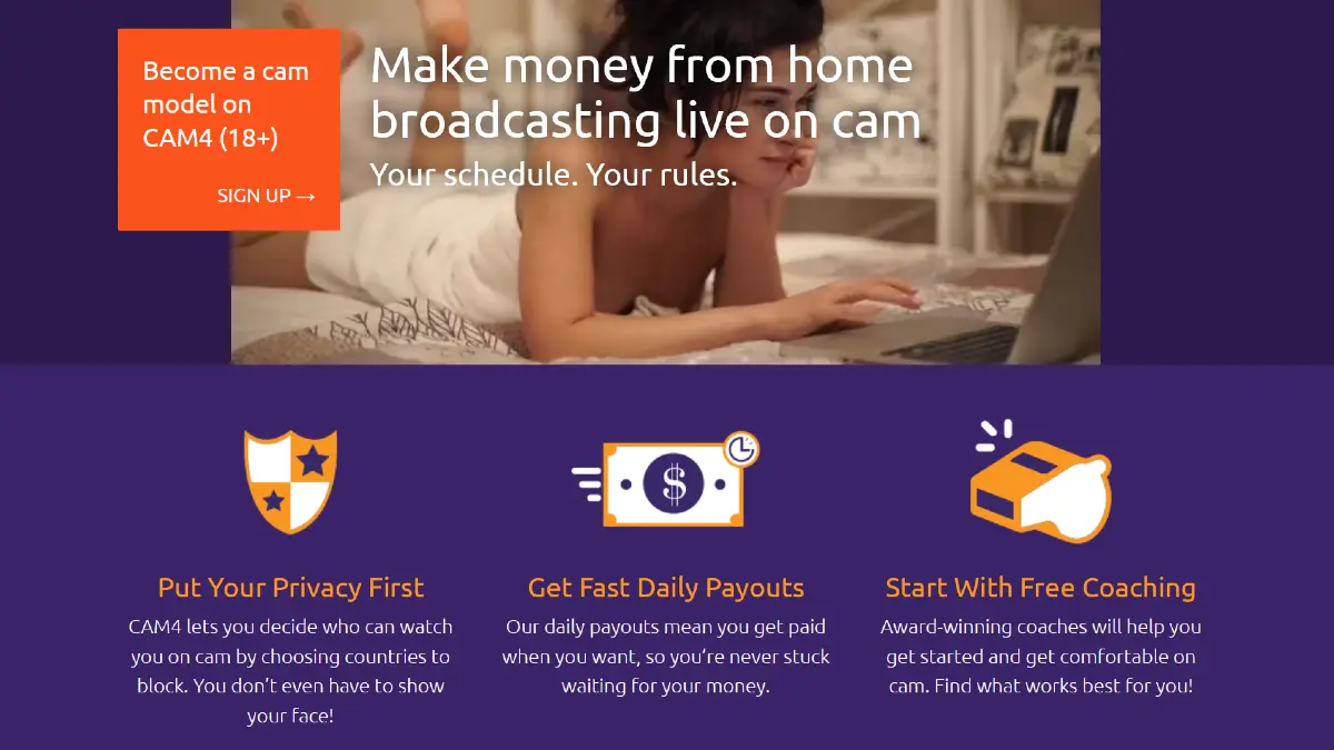 Cam4 model signup page promoting flexible home broadcasting, privacy controls, daily payouts, and free coaching