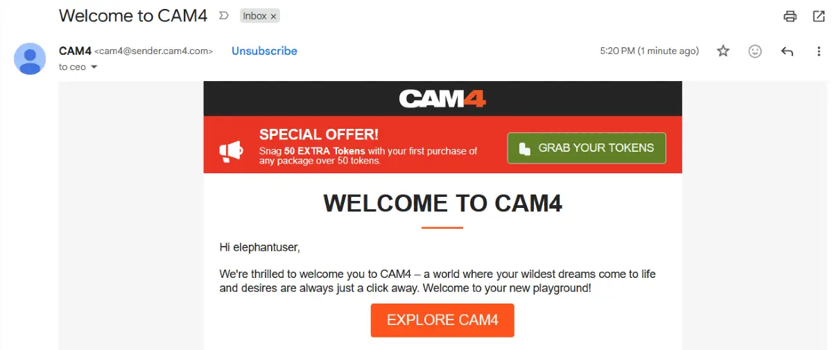 Cam4 welcome email offering bonus tokens