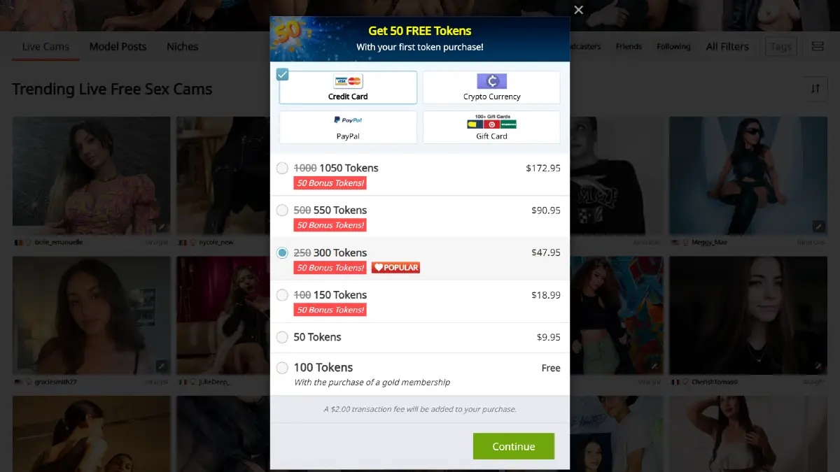 Cam4 token purchase window with bonus token offers