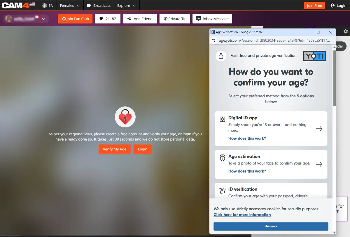 Cam4 live room age verification notice and Yoti verification window
