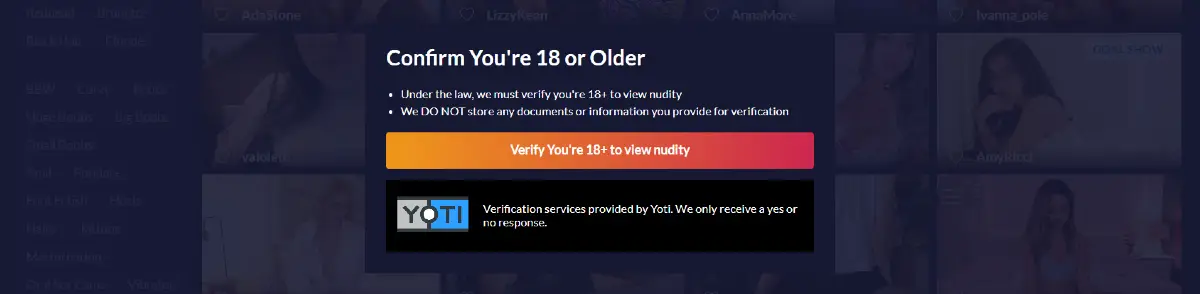 Cams.com Yoti age verification prompt