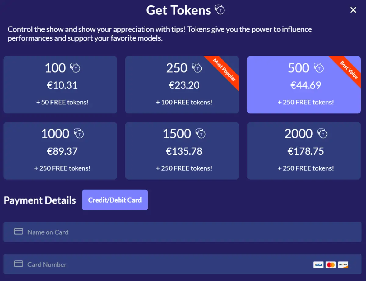 Cams.com token packages and pricing options
