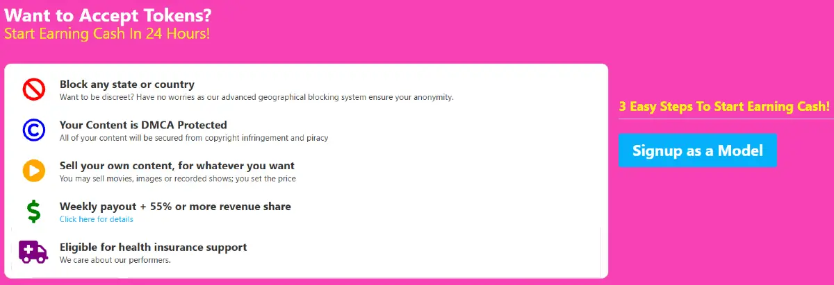 CamSoda model signup page showing performer benefits, revenue share, privacy tools, content sales, and signup button