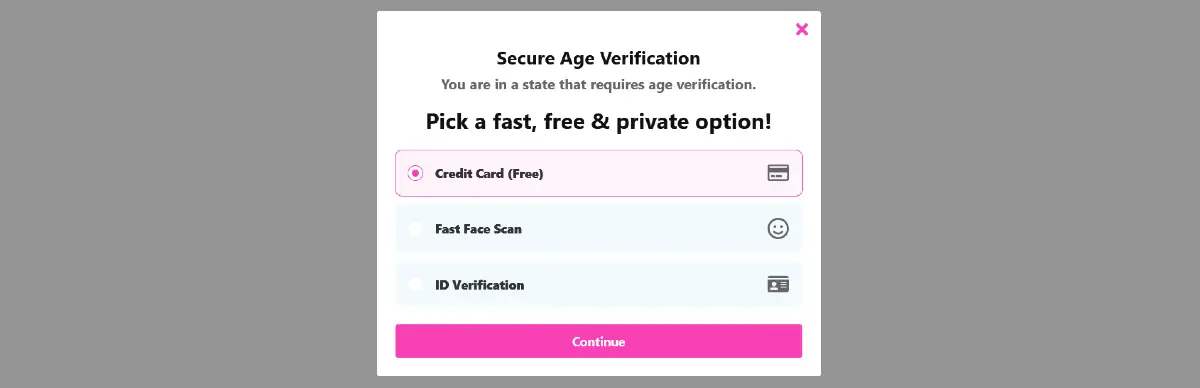 CamSoda secure age verification options including credit card, face scan, and ID verification