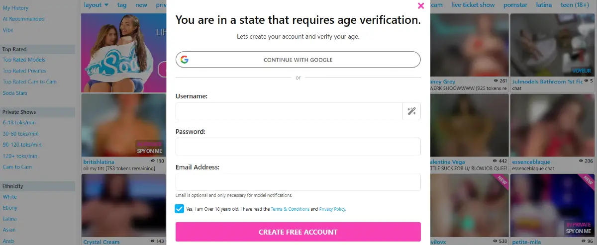 CamSoda free account creation screen shown before age verification