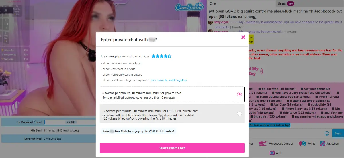 CamSoda private show pricing popup with regular and exclusive private chat options