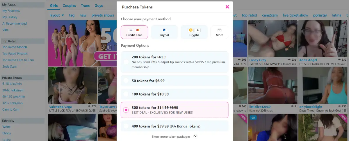 CamSoda token packages with credit card, PayPal, crypto, and payment options