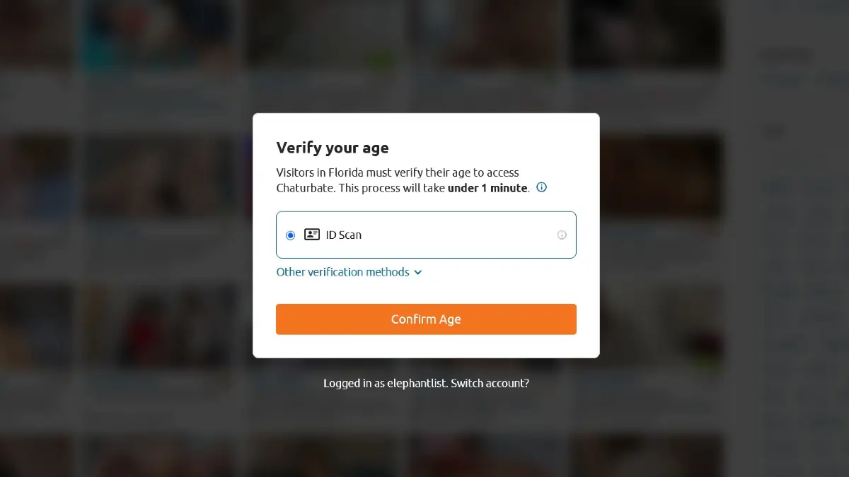 Chaturbate age verification screen requiring ID confirmation
