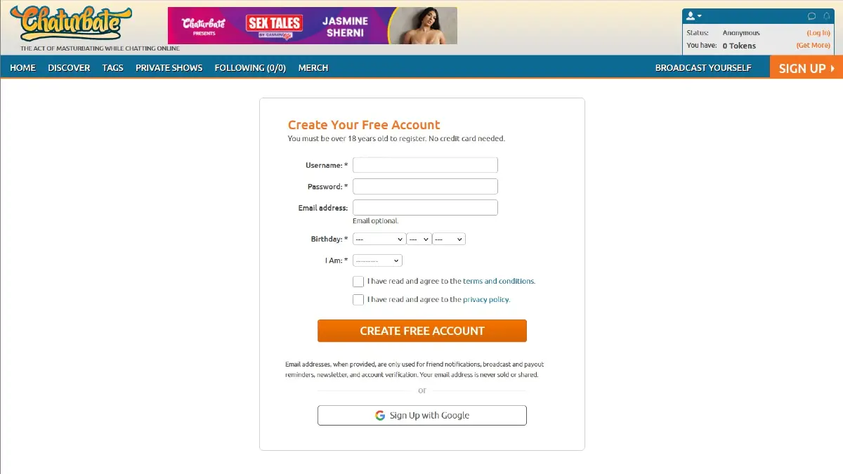 Chaturbate signup form for creating a free account