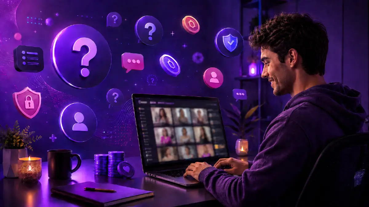 Chaturbate FAQ image with laptop, questions, tokens, and live cam interface