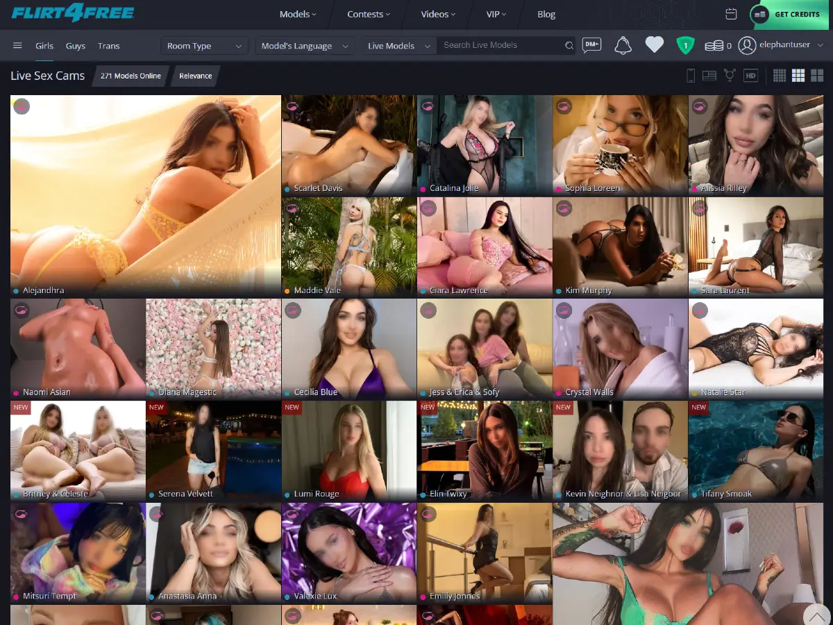 Flirt4Free homepage with live cam models, browsing filters, and live room categories