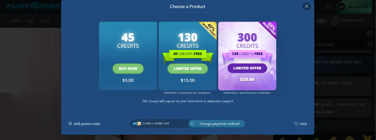 Flirt4Free welcome credit packages and free bonus credits promotion