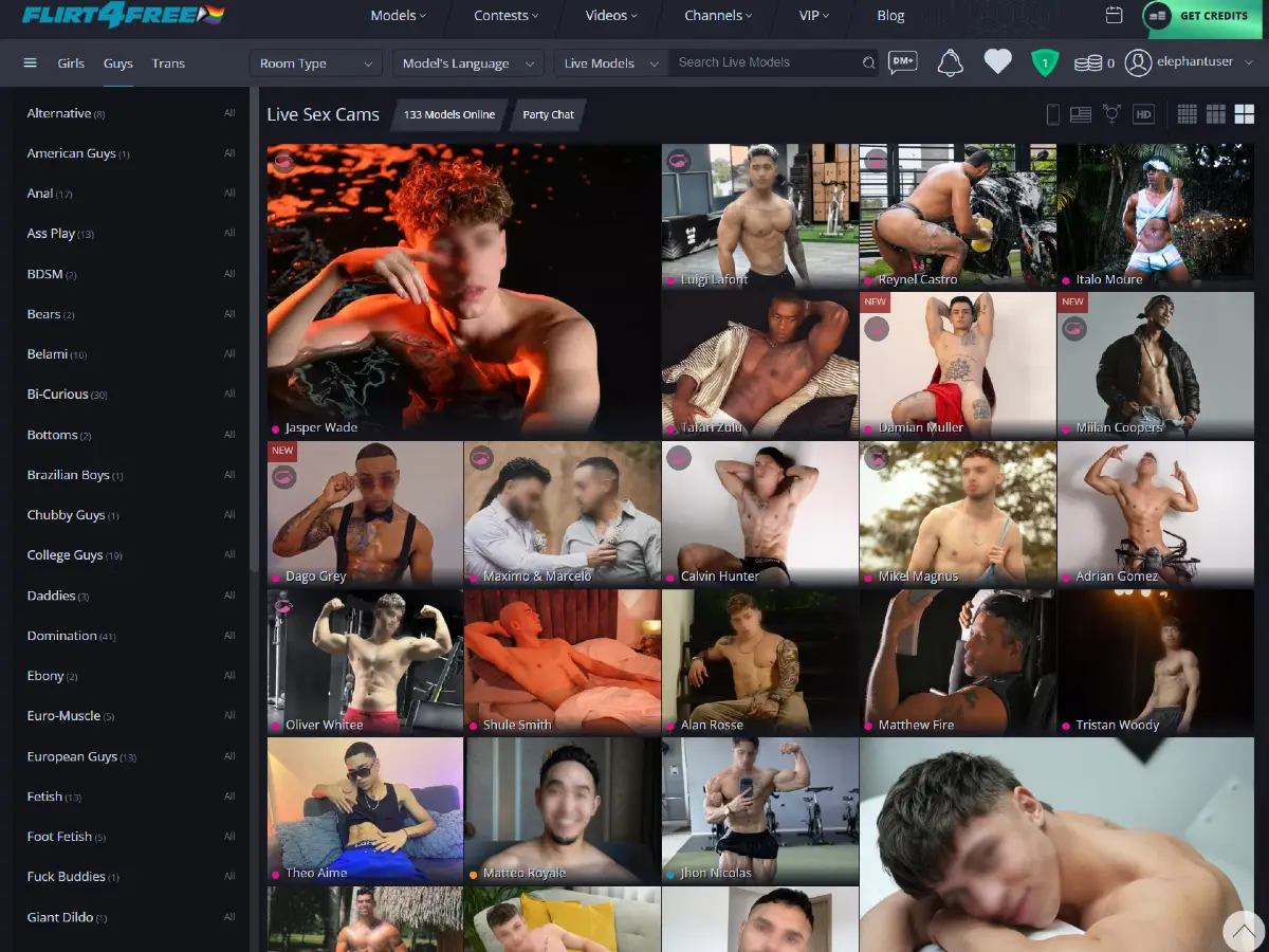 Flirt4Free male model discovery tools with live categories, performer filters, and browsing options