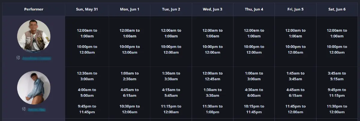 Flirt4Free male performer schedules showing weekly streaming times