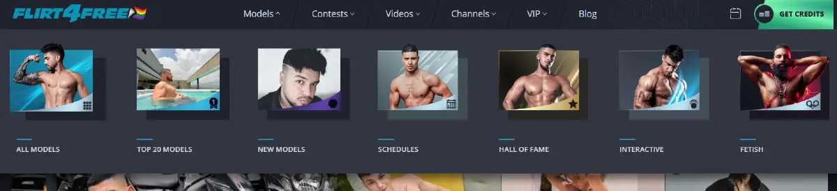 Flirt4Free male model discovery menu with Top 20, schedules, Hall of Fame, interactive, and fetish sections