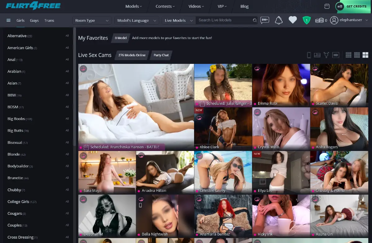 Flirt4Free model discovery tools with rankings, schedules, filters, and performer categories