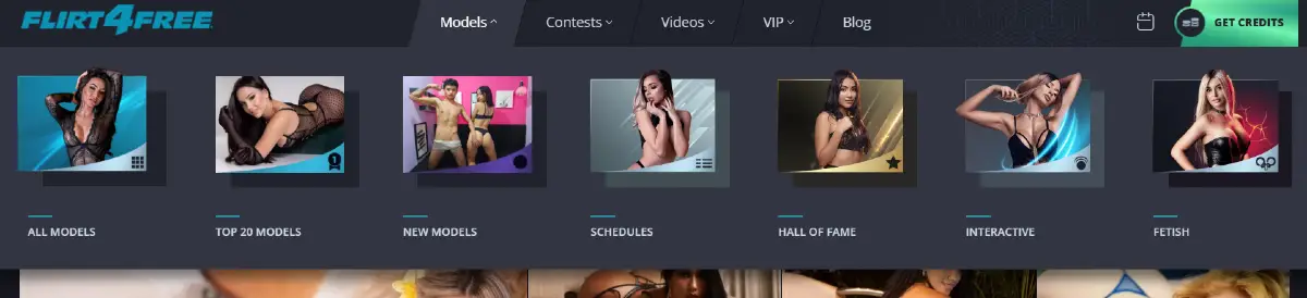 Flirt4Free model discovery menu with Top 20, schedules, Hall of Fame, interactive, and fetish sections