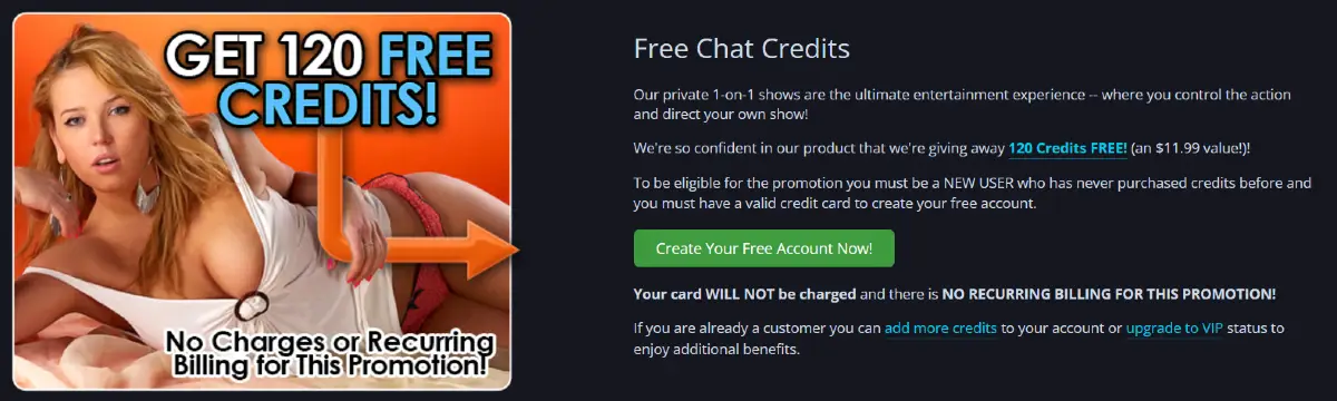 Flirt4Free 120 free credits promotion for new users