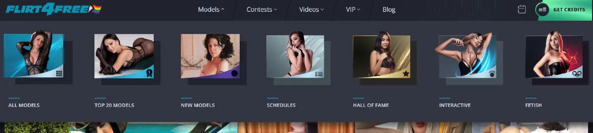 Flirt4Free trans model discovery menu with rankings and categories