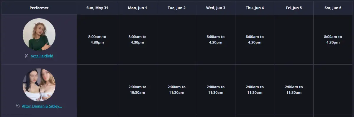 Flirt4Free trans performer schedules with weekly streaming times