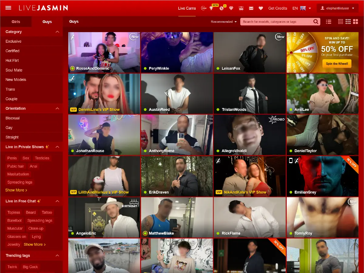 LiveJasmin guys categories and sidebar filters