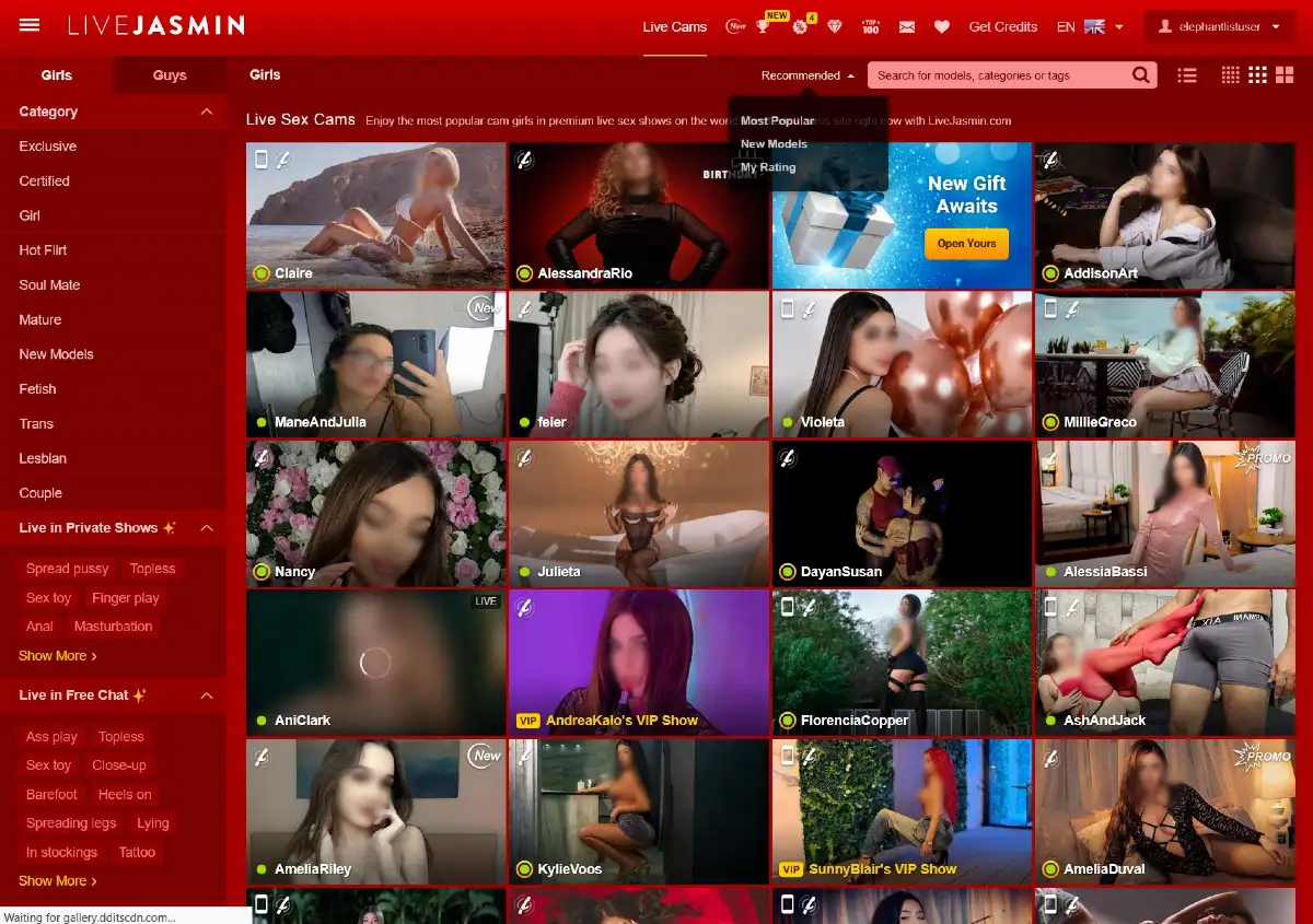 LiveJasmin model discovery tools showing sorting options, search bar, and category filters