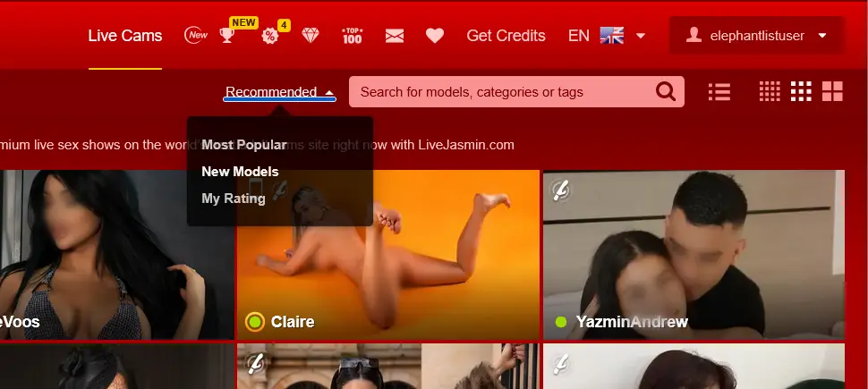 LiveJasmin search bar and sorting menu showing Recommended, Most Popular, New Models, and My Rating