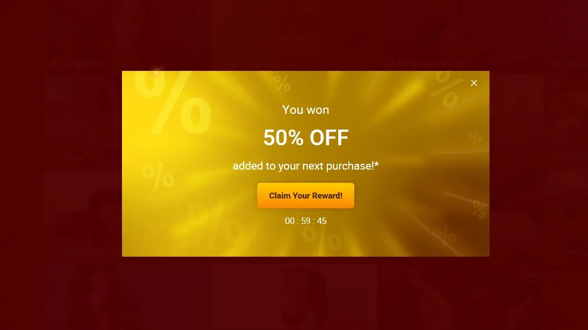 LiveJasmin promotion popup showing a 50 percent discount with countdown timer