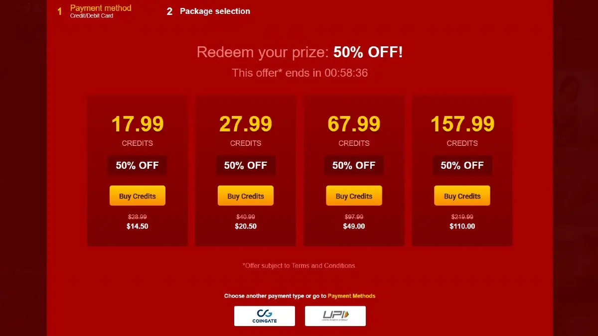 LiveJasmin discounted credit packages showing reduced prices after 50 percent promotion