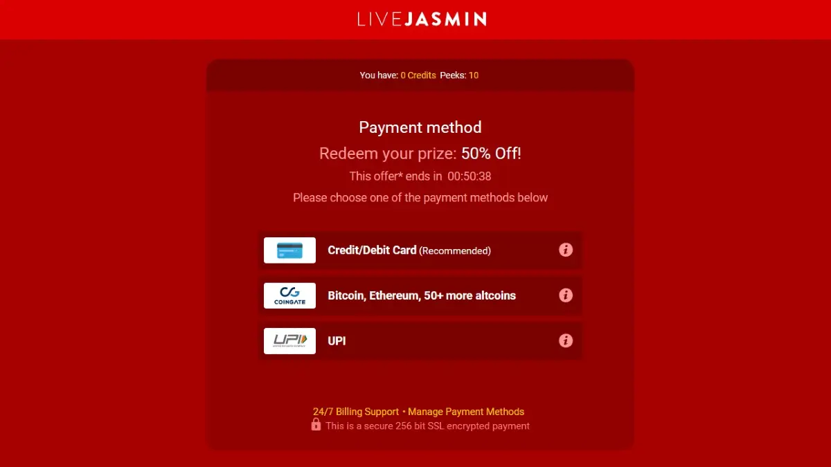 LiveJasmin payment methods including credit card, cryptocurrency, and alternative options