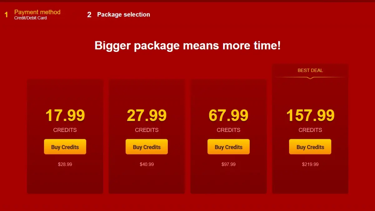 LiveJasmin credit packages showing 17.99, 27.99, 67.99 and 157.99 credits with regular prices
