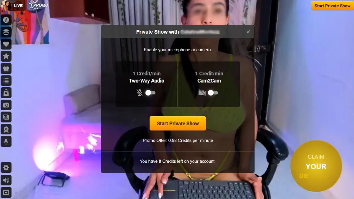 LiveJasmin private show popup showing promotional rate around 1 credit per minute