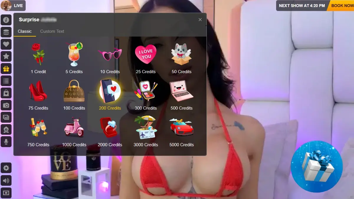 LiveJasmin virtual gifts menu showing surprise options ranging from 1 to 5000 credits