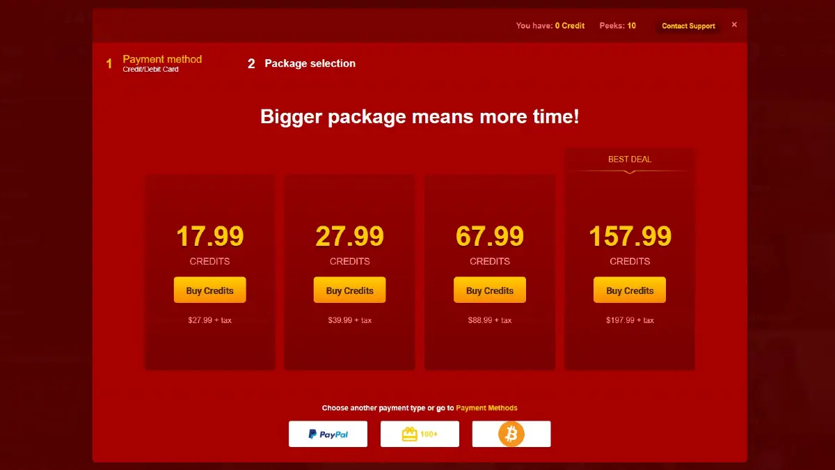 LiveJasmin credit packages showing pricing tiers and payment options